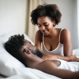 A black girl and a white man lying in bed together, with a gentle and intimate atmosphere