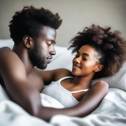 A black girl and a white man lying in bed together, with a gentle and intimate atmosphere