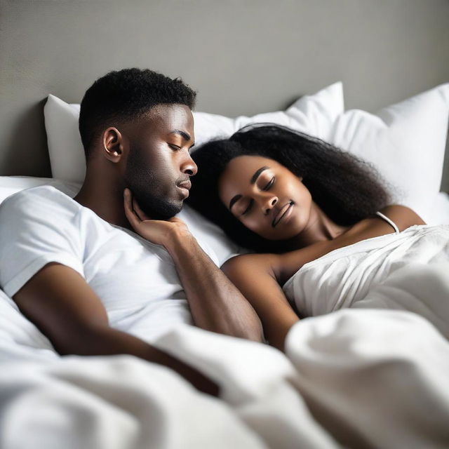 A black girl and a white man lying in bed together, both scarcely clothed