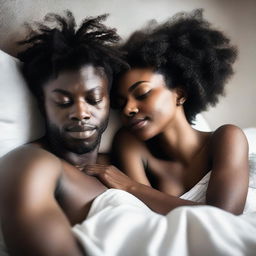 A black girl and a white man lying in bed together, both scarcely clothed