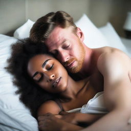 A black girl and a white man lying in bed together, both scarcely clothed