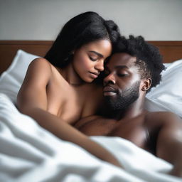 A black girl and a white man lying in bed together, both scarcely clothed