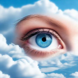 A serene image of blue eyes floating in a clear blue sky with soft, fluffy clouds