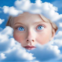 A serene image of blue eyes floating in a clear blue sky with soft, fluffy clouds