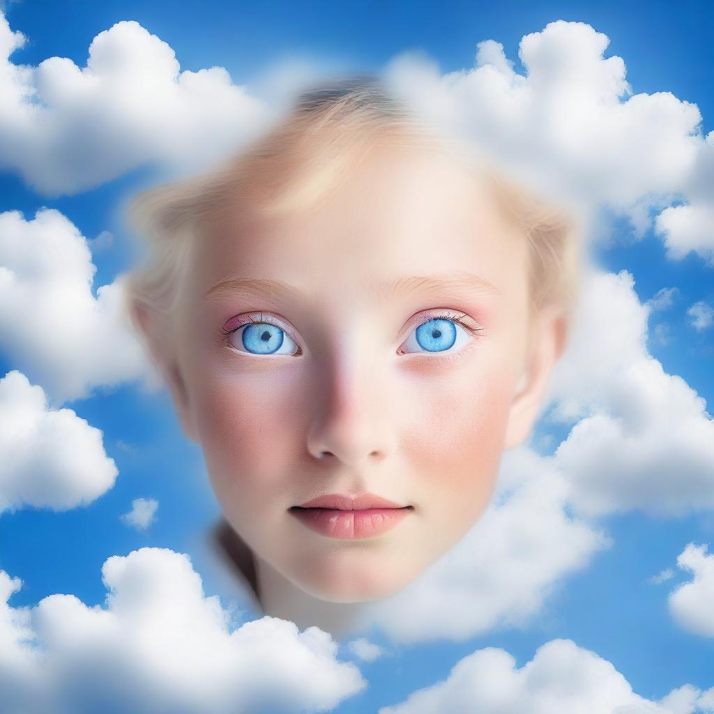 A serene image of blue eyes floating in a clear blue sky with soft, fluffy clouds