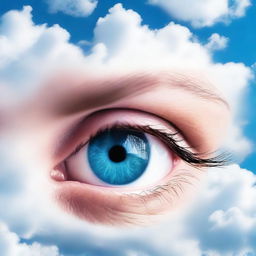 A serene image of blue eyes floating in a clear blue sky with soft, fluffy clouds