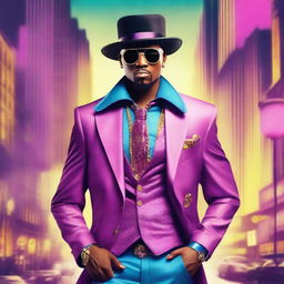 Create a book cover photo featuring a character with a pimp-like appearance