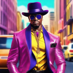 Create a book cover photo featuring a character with a pimp-like appearance