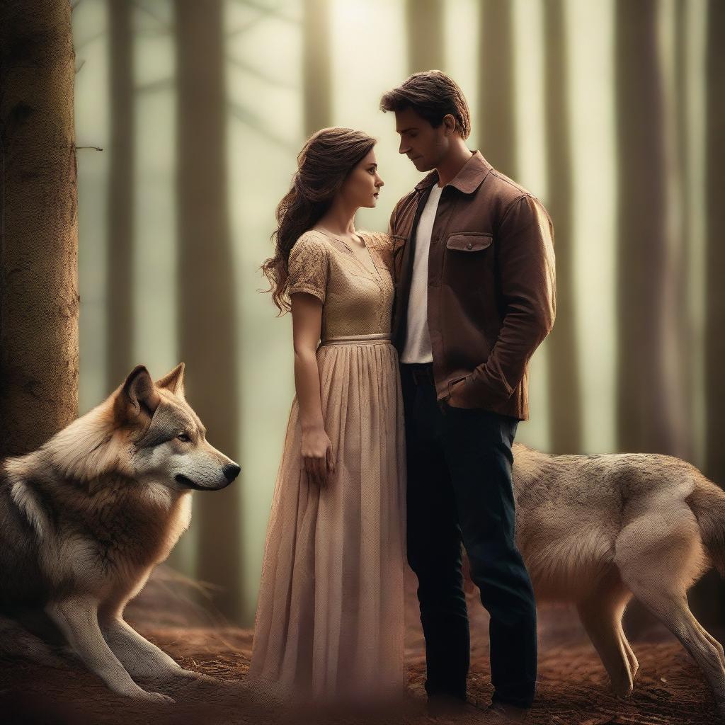 A pretty woman and a handsome man looking at each other with a wolf standing next to them