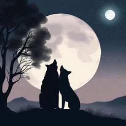 A man and woman looking at each other lovingly, standing under a dark sky with a full moon