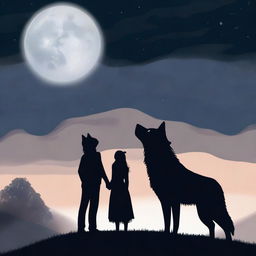 A man and woman looking at each other lovingly, standing under a dark sky with a full moon