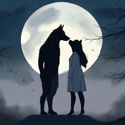 A man and woman looking at each other lovingly, standing under a dark sky with a full moon