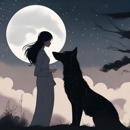 A man and woman looking at each other lovingly, standing under a dark sky with a full moon