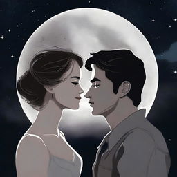 A man and woman looking at each other lovingly, standing under a dark sky with a full moon