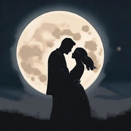 A man and woman looking at each other lovingly, standing under a dark sky with a full moon