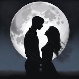 A man and woman looking at each other lovingly, standing under a dark sky with a full moon