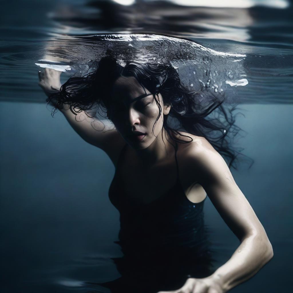 A dramatic scene featuring a woman with flowing black hair submerged in water, struggling as she drowns