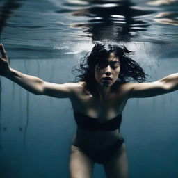 A dramatic scene featuring a woman with flowing black hair submerged in water, struggling as she drowns