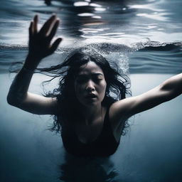 A dramatic scene featuring a woman with flowing black hair submerged in water, struggling as she drowns