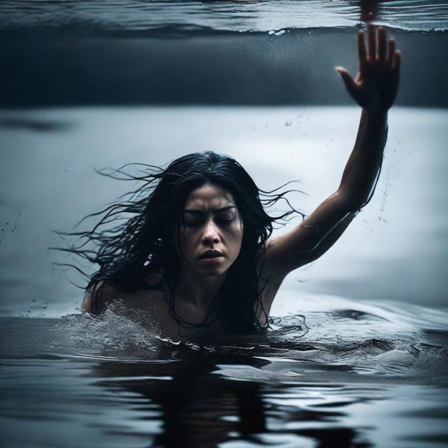 A dramatic scene featuring a woman with flowing black hair submerged in water, struggling as she drowns