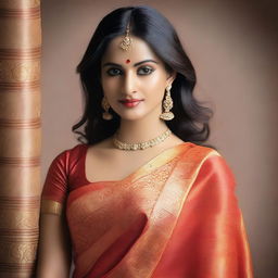 A woman wearing a sari, depicted in a sensual and alluring manner