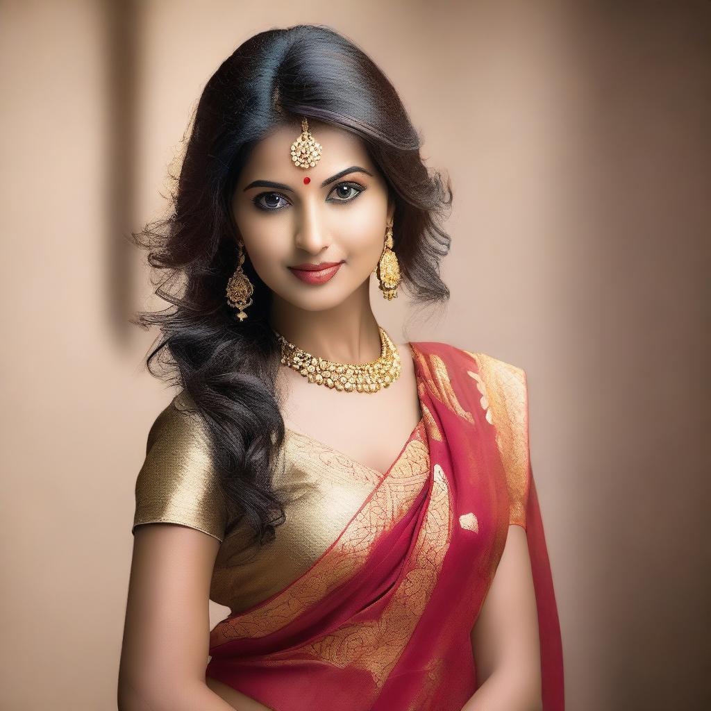 A woman wearing a sari, depicted in a sensual and alluring manner