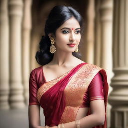 A woman wearing a sari, depicted in a sensual and alluring manner