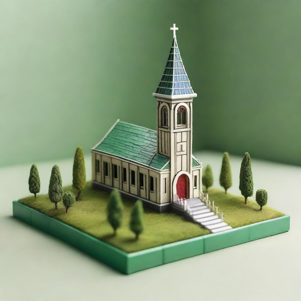 A miniature model of a church, detailed with intricate architecture, stained glass windows, and a small bell tower