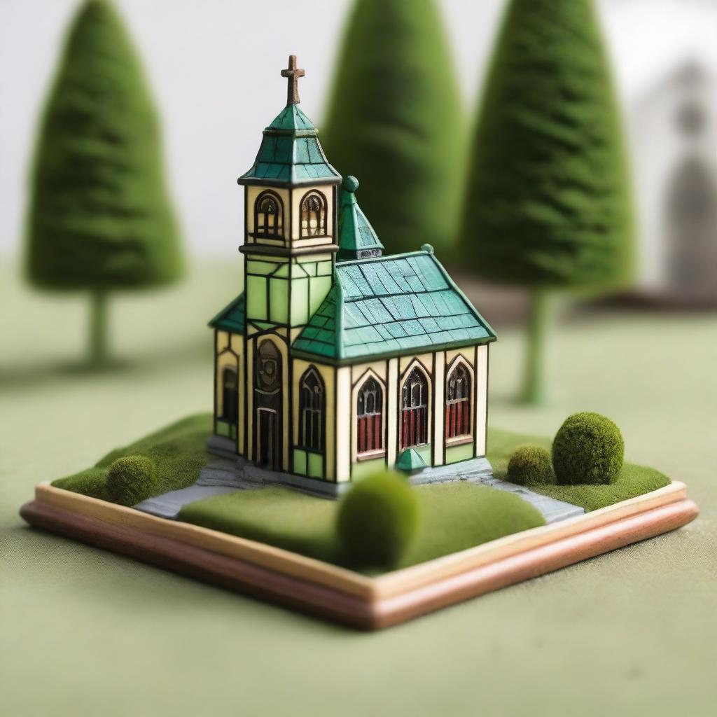 A miniature model of a church, detailed with intricate architecture, stained glass windows, and a small bell tower