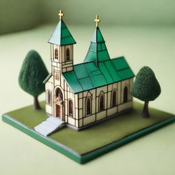 A miniature model of a church, detailed with intricate architecture, stained glass windows, and a small bell tower