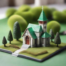 A miniature model of a church, detailed with intricate architecture, stained glass windows, and a small bell tower