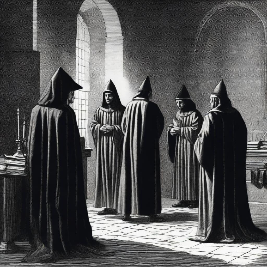 An artistic depiction of the Spanish Inquisition, showing inquisitors in traditional robes, a dark and foreboding atmosphere, and historical elements such as ancient books and religious symbols