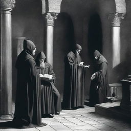 An artistic depiction of the Spanish Inquisition, showing inquisitors in traditional robes, a dark and foreboding atmosphere, and historical elements such as ancient books and religious symbols