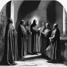 An artistic depiction of the Spanish Inquisition, showing inquisitors in traditional robes, a dark and foreboding atmosphere, and historical elements such as ancient books and religious symbols