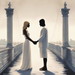 An image depicting an impossible love between a strong, dark-skinned man and a blonde woman in white clothing, separated by a bridge