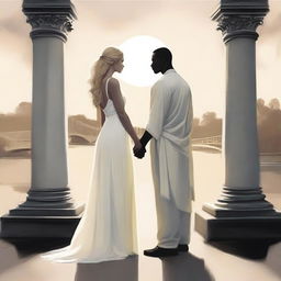 An image depicting an impossible love between a strong, dark-skinned man and a blonde woman in white clothing, separated by a bridge