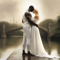 An image depicting an impossible love between a strong, dark-skinned man and a blonde woman in white clothing, separated by a bridge