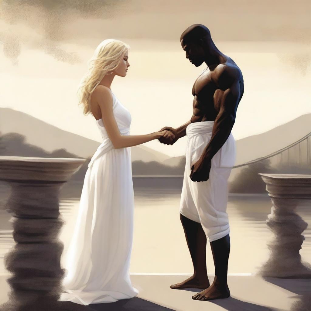 An image depicting an impossible love between a strong, dark-skinned man and a blonde woman in white clothing, separated by a bridge