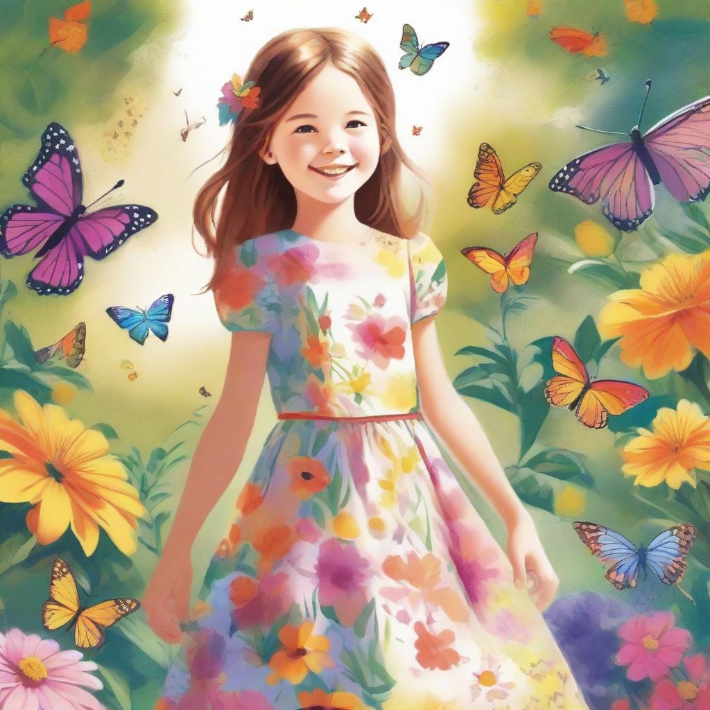 A detailed and vibrant illustration of a young girl with a joyful expression, wearing a colorful dress and standing in a beautiful garden filled with flowers and butterflies