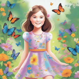 A detailed and vibrant illustration of a young girl with a joyful expression, wearing a colorful dress and standing in a beautiful garden filled with flowers and butterflies