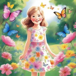 A detailed and vibrant illustration of a young girl with a joyful expression, wearing a colorful dress and standing in a beautiful garden filled with flowers and butterflies