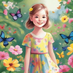 A detailed and vibrant illustration of a young girl with a joyful expression, wearing a colorful dress and standing in a beautiful garden filled with flowers and butterflies