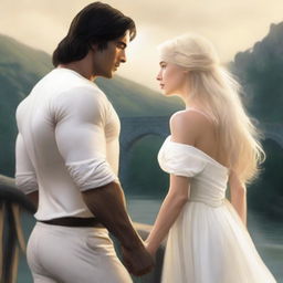 An image depicting an impossible love between a strong man with dark hair and fair skin, and a blonde woman in white clothing, separated by a bridge