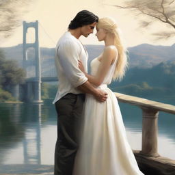 An image depicting an impossible love between a strong man with dark hair and fair skin, and a blonde woman in white clothing, separated by a bridge