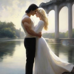 An image depicting an impossible love between a strong man with dark hair and fair skin, and a blonde woman in white clothing, separated by a bridge