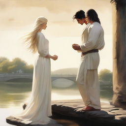 An image depicting an impossible love between a strong man with dark hair and fair skin, and a blonde woman in white clothing, separated by a bridge