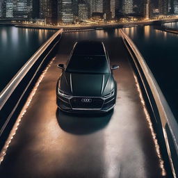 An elegant shot of a black Audi RS6 from above, pulling up on a slightly lit up bridge in the night