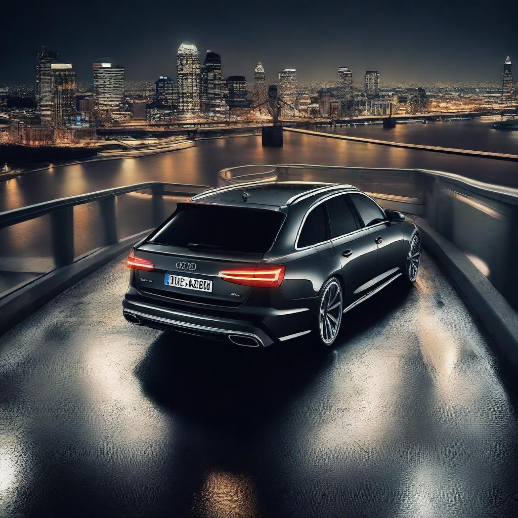 An elegant shot of a black Audi RS6 from above, pulling up on a slightly lit up bridge in the night