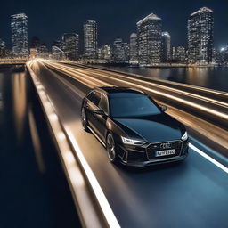 An elegant shot of a black Audi RS6 from above, pulling up on a slightly lit up bridge in the night