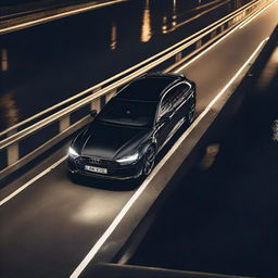 An elegant shot of a black Audi RS6 from above, pulling up on a slightly lit up bridge in the night